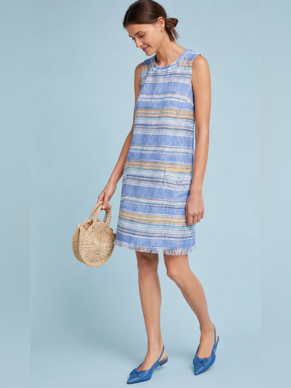 Anthropologie Akemi & Kin Tweed Multi Striped Fringed Sleeveless Shift Dress 6